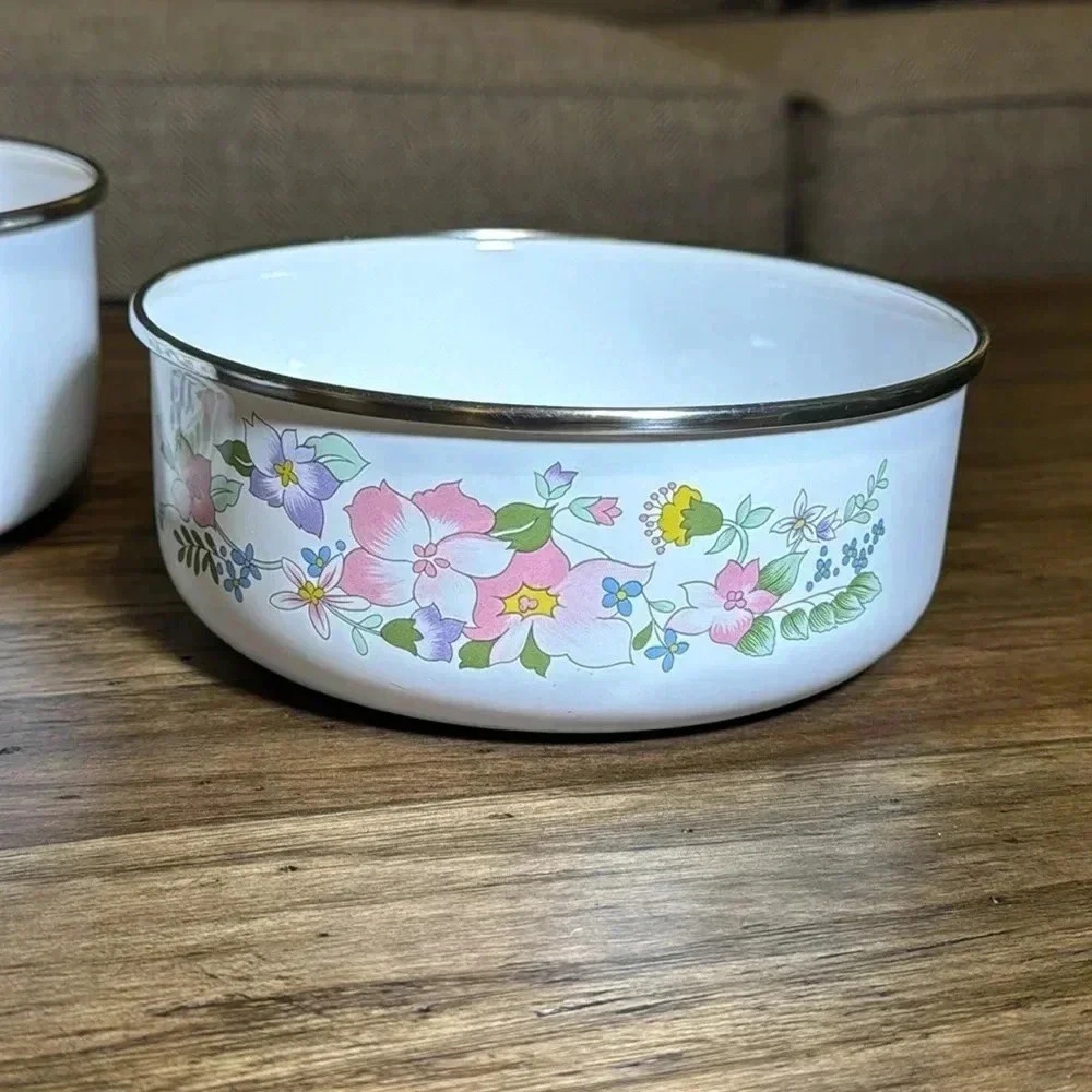 VTG Kobe Mixing Bowl Set of 3 Floral Pastel Enamel Nesting Flower Bowls JcPenny - Picture 4 of 16